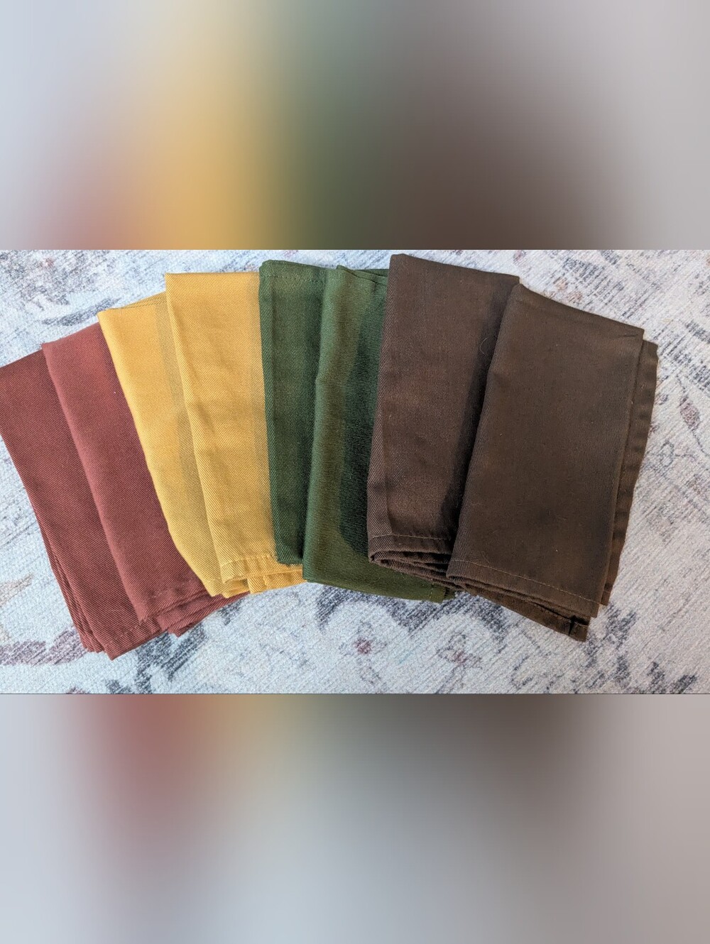 Set Of Eight Cloth Napkins Rusty Red, Mustard, Olive And Mocha Brown